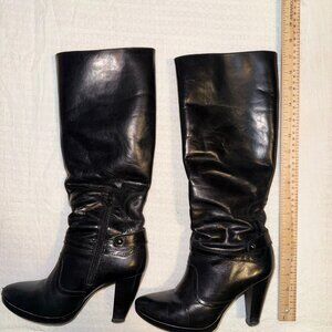 Black Leather Knee-High Heeled Boots | Size 6 M | Inside Half Zip